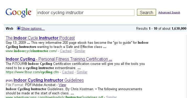 www.IndoorCycleInstructor.com ranked #1 in Google Search Results