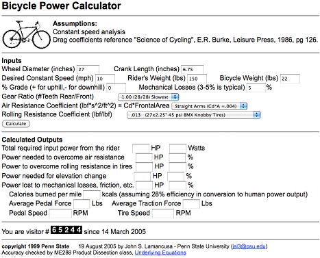 Bicycle Power Calculator at https://www.indoorcycleinstructor.com