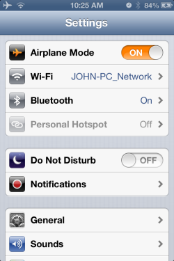 Airplane mode On... WiFi On... Bluetooth On